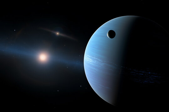Illustation d'une sous-Neptune, une exoplan&egrave;te ayant entre 2 et 10 fois la masse de la Terre et une taille comprise en ~1,4 et 3,5 fois le rayon de la Terre.
