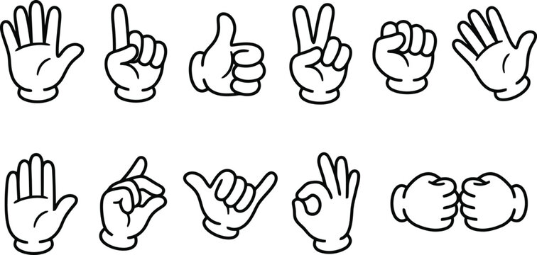 Cartoon hand gestures set featuring various signs like thumbs up peace sign fist bump and open palms in black outline
