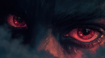 Naklejka premium Close-up digital painting of demonic eyes with crimson irises and fiery glow