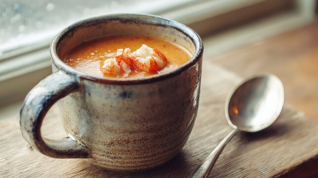Autumn-inspired lobster bisque in a chunky stoneware mug, soft focus background and inviting warmth