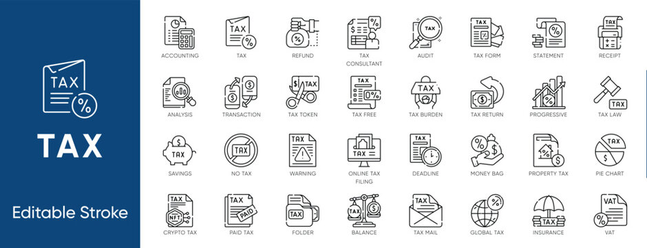 Tax Accounting Finance Taxation Audit Icon Set - editable vector outline icons for income return, crypto property, and vat deduction