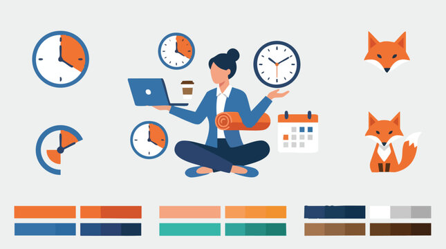 Woman managing time and tasks efficiently with clocks and calendar.