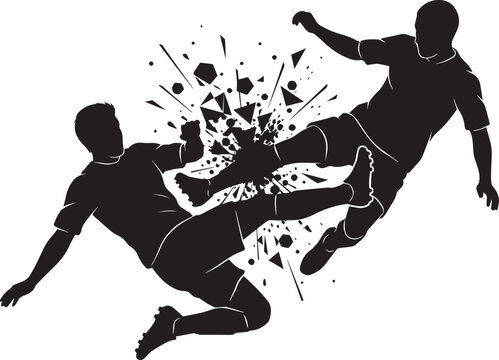 Black silhouette of two men fighting or playing soccer with splashes Vector