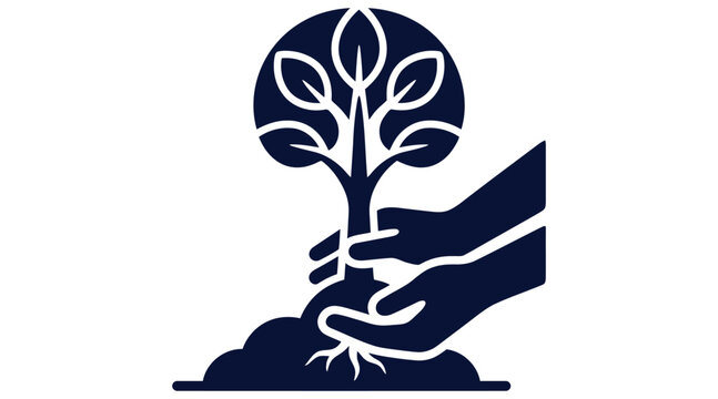 Tree planting hand growing seedling reforestation vector icon