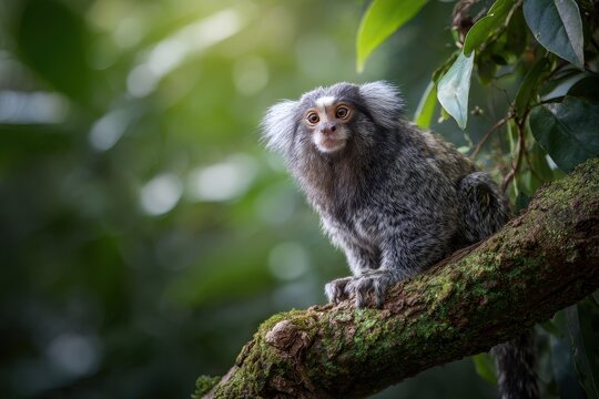 Tiny marmoset resting on a leafy branch under bright jungle daylight
