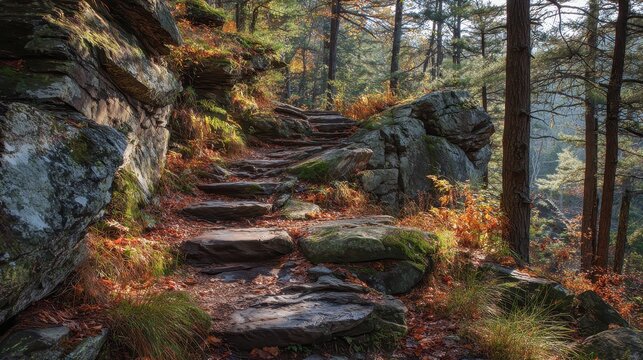 Autumn light on a rocky stair trail through the northeastern forest of New Jersey