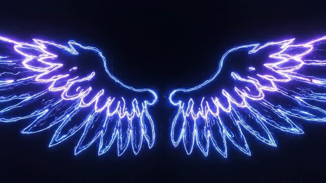 Abstract glowing blue and purple wings with lightning effects on black background
