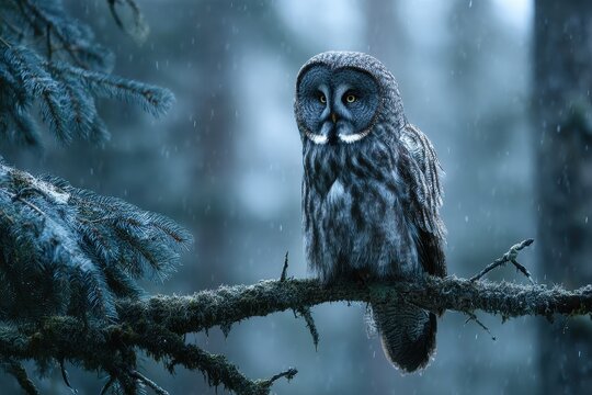 Wildlife portrait of a large Great Gray Owl amid winter woods, moody blue-gray tones