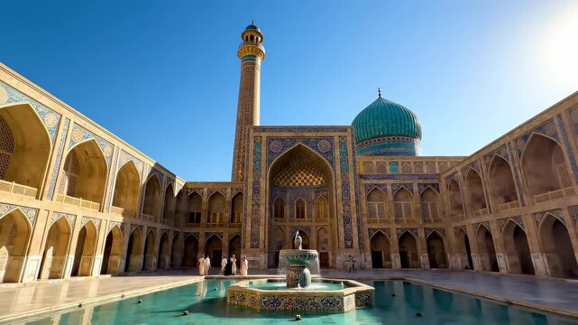 Stunning Islamic architecture with intricate tilework and a central courtyard fountain