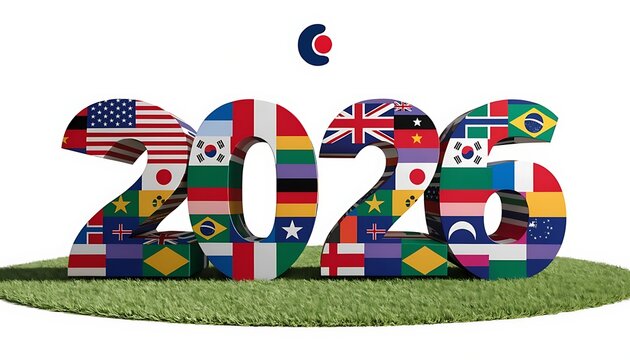 A contemporary global sports celebration graphic showcasing oversized 2026 typography resting on freshly trimmed green turf, with every numeral containing an intricate mosaic of nation-inspired flag