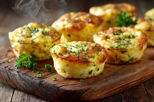 Golden egg bites served on a natural wood board for a cozy breakfast