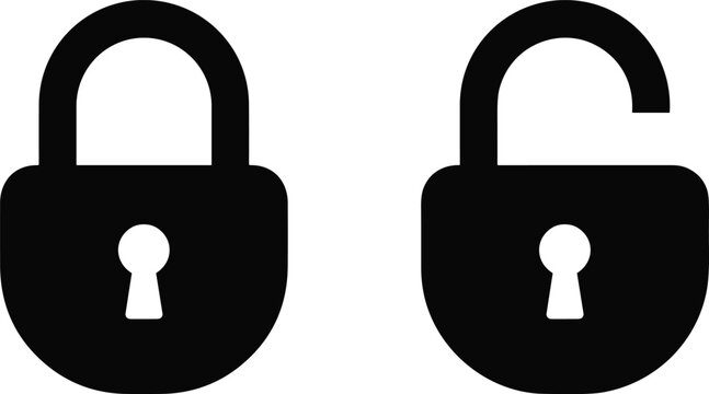 Black padlock one locked and one unlocked, on white background, security