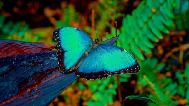 A Vibrant Blue Morpho Butterfly Resting on a Leaf