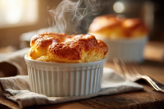 Golden cheese souffle in a white ramekin on a rustic wooden table under warm kitchen light