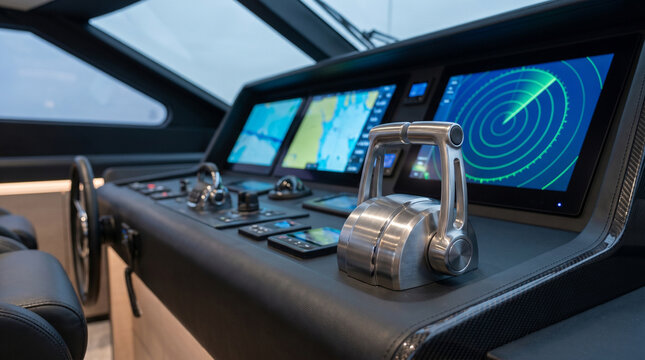 Throttle controls on a modern boat dashboard with navigation systems and radar screens in a ship bridge. Nautical vessel technology concepts without text or brand logos.