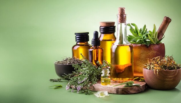 botanical blends herbs essencial oils for naturopathy natural remedy herbal medicine blends for bath and tea on green background