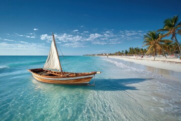 Obraz premium Sailing boat on Varadero Beach under Caribbean light