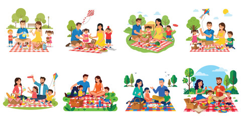 Fototapeta premium Set of diverse happy families enjoying outdoor picnics in park landscapes on checkered blankets during sunny summer holidays