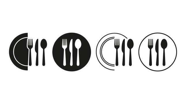 Dining and restaurant cutlery icon set on plates with restaurant tableware catering pictogram