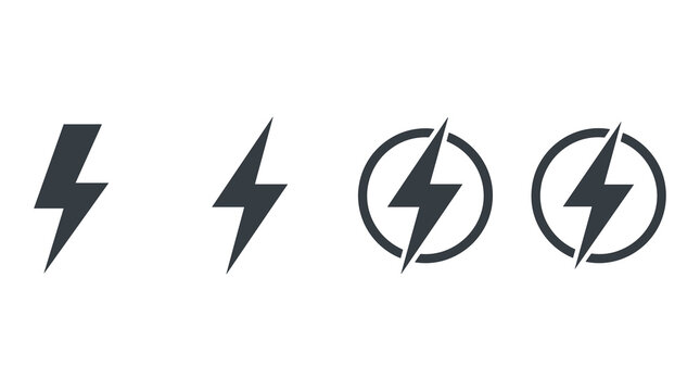 Thunderbolt and lightning bolt icons for energy and power symbols with lightning, thunderbolt