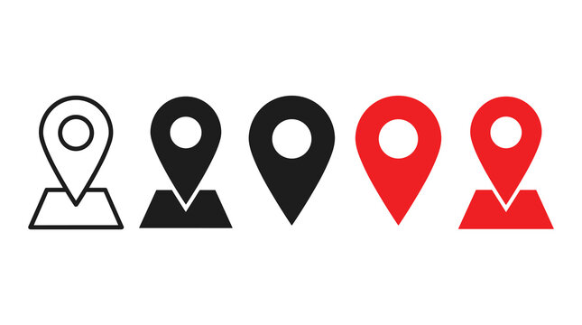 Set of five distinct map location pin icons with geometric bases location navigation geography