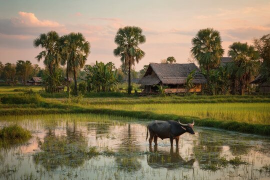 Water buffalo in a flooded rice field in Isan, rural northeast Thailand at golden hour