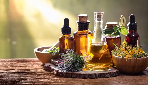 botanical blends herbs essencial oils for naturopathy natural remedy herbal medicine blends for bath and tea on wooden table background