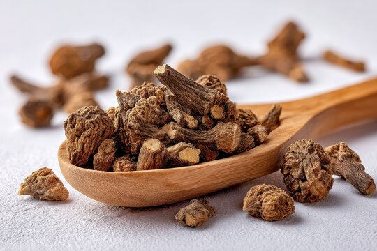 Close-up of devil's claw root with textured surfaces, organic product photography on white