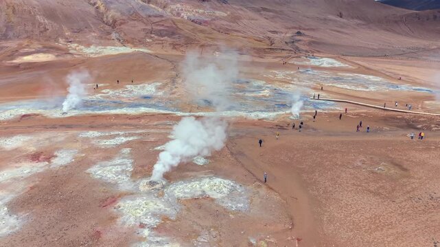 Amazing aerial view of the Hverir geothermal area in Iceland. Tourists walking among smoking fumaroles and bubbling mud pots in a volcanic landscape