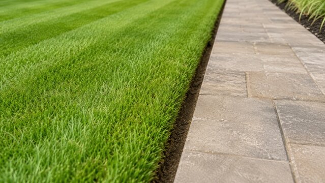 Close up of neatly edged green grass lawn beside a stone paver walkway, showing professional backyard landscaping and garden path design