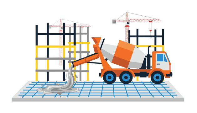 Cement mixer truck pouring wet concrete onto a grid foundation at a busy site with large metal equipment in the background.