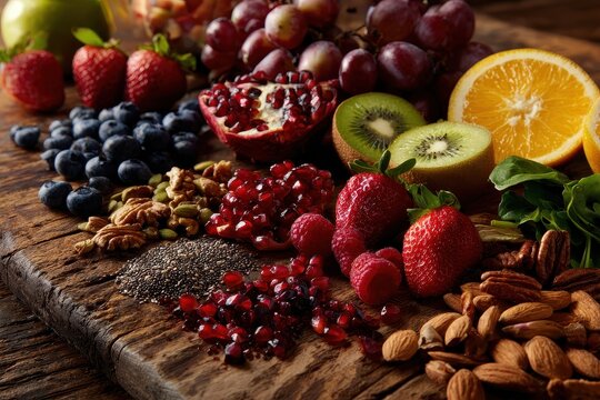 Heart-friendly foods high in polyphenols displayed on weathered wood