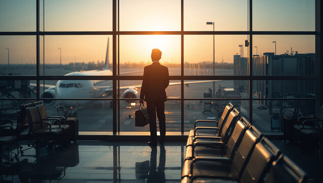 朝の空港ラウンジで日本人男性が飛行機を見つめる出張風景