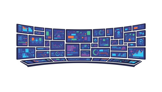Curved control room dashboard with multiple screens displaying colorful data charts and network connection lines for monitoring.