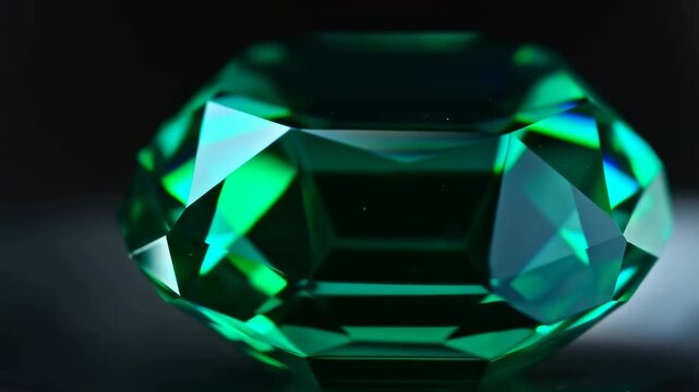 Macro slow motion rotating gemstone closeup showing cut facets spinning on reflective tabletop in dark studio lighting for jewel detail