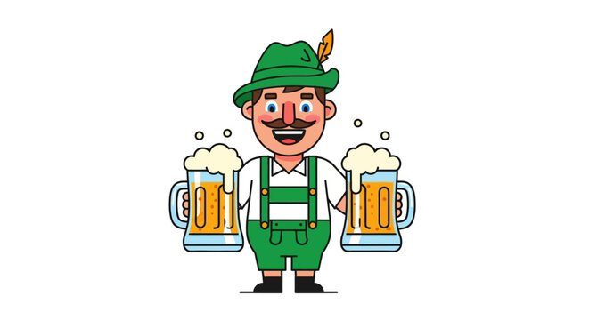 Cartoon man in traditional Bavarian attire holding two large steins of frothy beer, celebrating Oktoberfest.