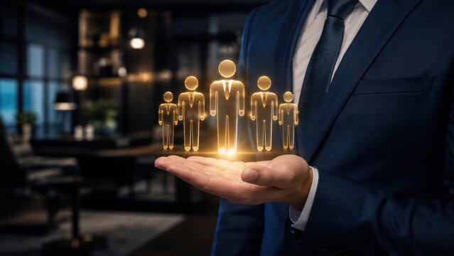 Businessman holding glowing virtual human icons in his hand, representing leadership, employee engagement, HR management, recruitment and corporate team development