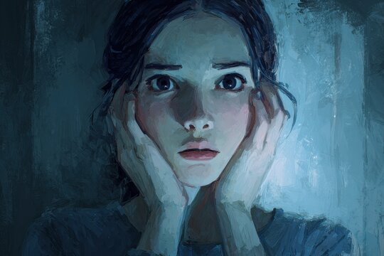 Emotional illustration of a girl&acirc;&euro;&trade;s paranoid mood, close-up face, hands near cheeks, dramatic lighting