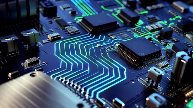 Close-up view of a futuristic glowing circuit board with intricate pathways and components