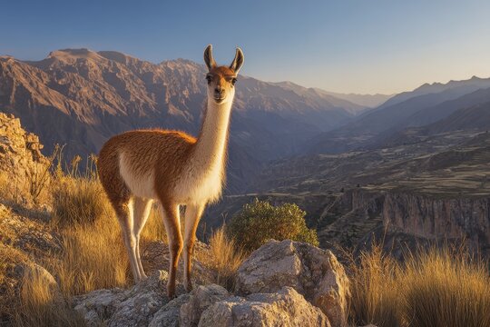 Andean vicuna in remote highland valley with vast canyon below at dusk