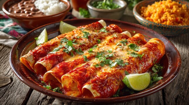 Colorful enchilada dish featuring red sauce, refried beans and rice on a warm ceramic plate
