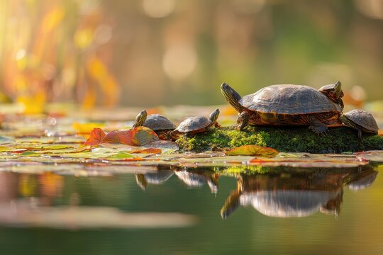 Mother turtle guiding tiny hatchlings across a mossy stone by calm water