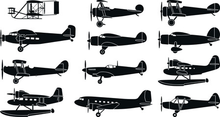 Vintage Airplane Silhouette Set with Old Biplanes Seaplanes and Propeller Aircraft Icons for Aviation History Projects and Retro Graphic Vector Designs © DabashChandra