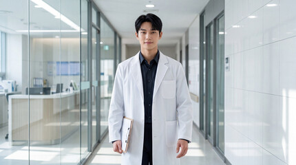 Fototapeta premium Confident young Asian male doctor holding clipboard standing in modern bright hospital corridor, premium healthcare medical portrait