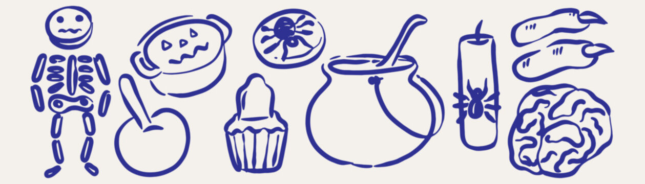 Halloween related elements include candy, skeletons, gravestones, apples, pumpkins, spiders, cauldrons, fingers, and brains. Graphic design, vector ink lines, doodle hand drawn.