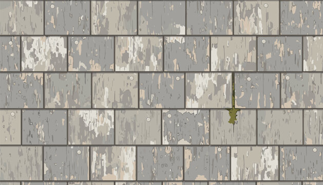 Gray weathered wooden shingle roof texture showing aged planks with nail heads and peeling paint patterns for architectural use.