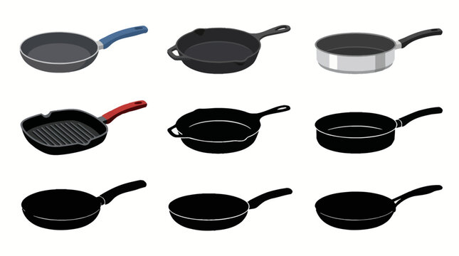 Professional vector collection featuring  different frying pan designs, nonstick pan, cast iron skillet, saut&eacute; pan, grill pan, ceramic pan, stainless steel frying pan
