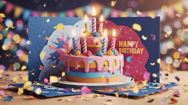 Happy birthday greeting card animation with golden text and colorful background for special celebrations
