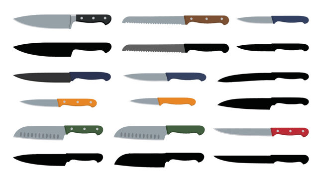 Professional vector collection featuring  different kitchen knife designs, chef knife, bread knife, utility knife, paring knife, santoku knife, carving knife