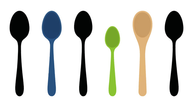 Professional vector collection featuring  different spoon designs, soup spoon, dessert spoon, teaspoon, serving spoon, wooden spoon, stainless spoon